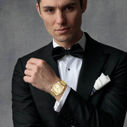 Men's Rhinestone Quartz Watch with Luminous Hands & Date Display - Gold & Silver Tone Stainless Steel Business Casual Wristwatch, Removable Strap, Elegant Gift for Him