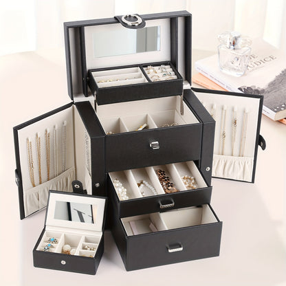 Jewelry Box Faux Leather with Mirror & 2 Drawers – Portable Travel Jewelry Organizer for Necklaces, Rings & Earrings, Women’s Storage Case Black