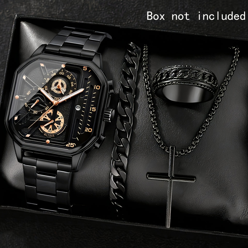 4pcs Men's Vintage Sports Watch Set - Large Square Dial, Necklace, Bracelet, Ring, Quartz Movement, Calendar Function, Non-Waterproof Case, Battery-Powered Electronic Driver, Ideal Gift for Him