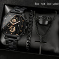 4pcs Men's Vintage Sports Watch Set - Large Square Dial, Necklace, Bracelet, Ring, Quartz Movement, Calendar Function, Non-Waterproof Case, Battery-Powered Electronic Driver, Ideal Gift for Him