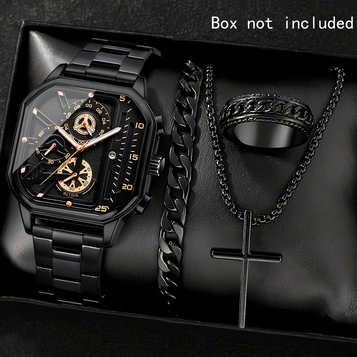 Men's 4-Piece Vintage Watch & Jewelry Set — Square Dial Quartz Watch, Necklace, Bracelet & Ring | Black & Brown