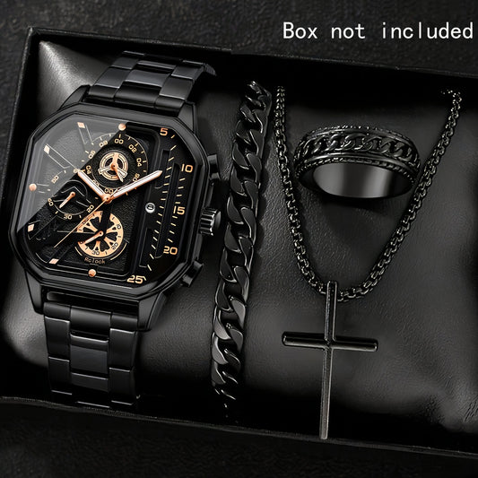 Men's 4-Piece Vintage Watch & Jewelry Set — Square Dial Quartz Watch, Necklace, Bracelet & Ring | Black & Brown