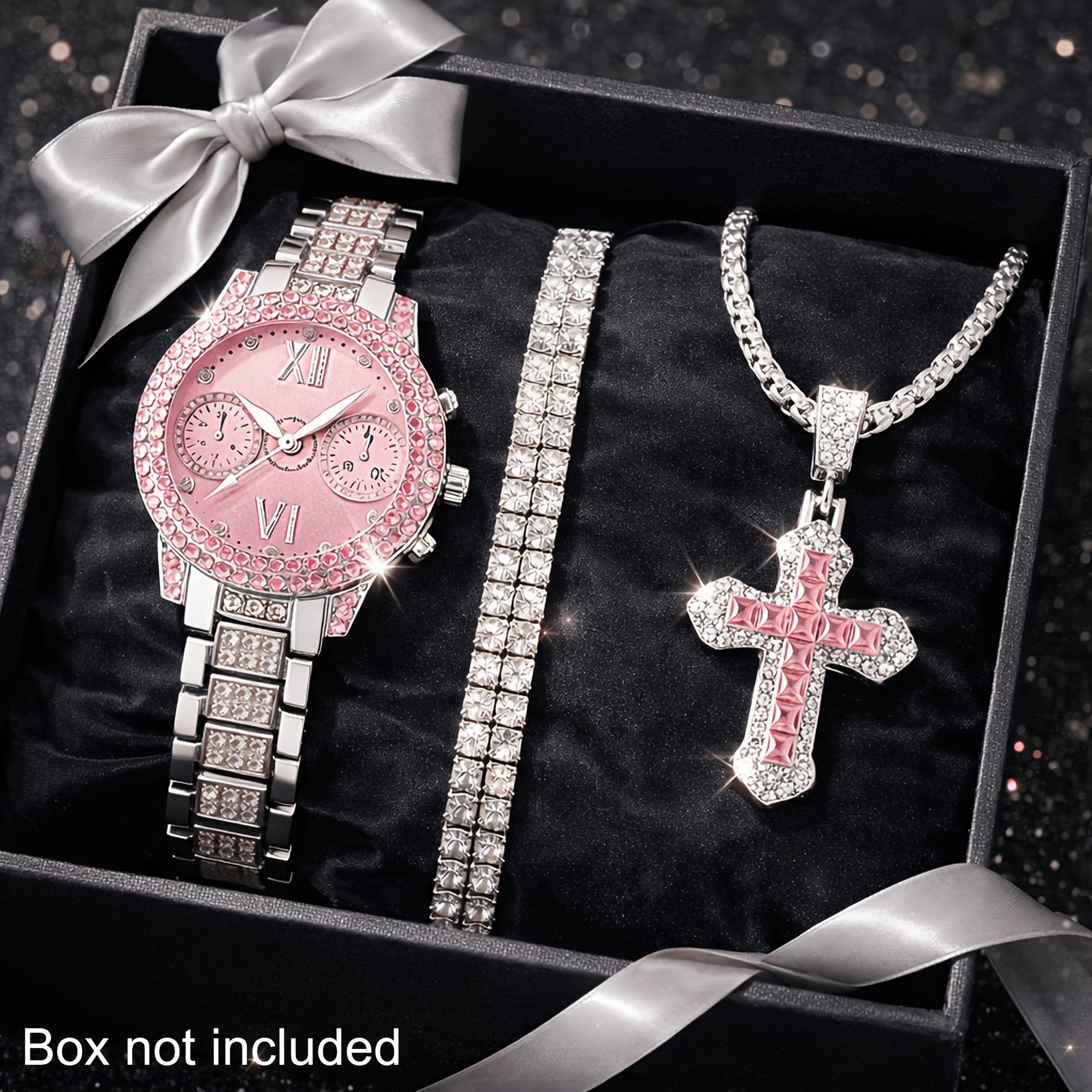 3pcs Set Fashion Watch and Jewelry Set, Elegant Pink Ring Watch Set with Rhinestone Accessories, an Ideal Gift Choice for Women