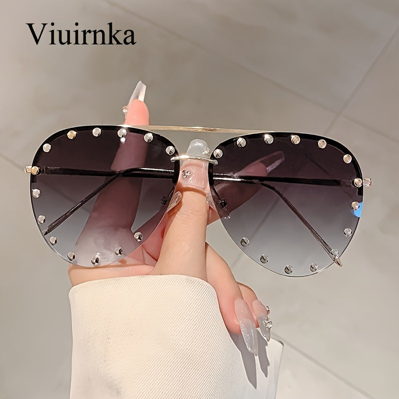 VIUIRNKA Women'S Glasses, Classic Semi-Rimless Design with Studded Details, Trendy Versatile Black Frame with Case, Lightweight Fashion Statement, Perfect for Halloween & Christmas Gift Giving, Chic Daily Wea