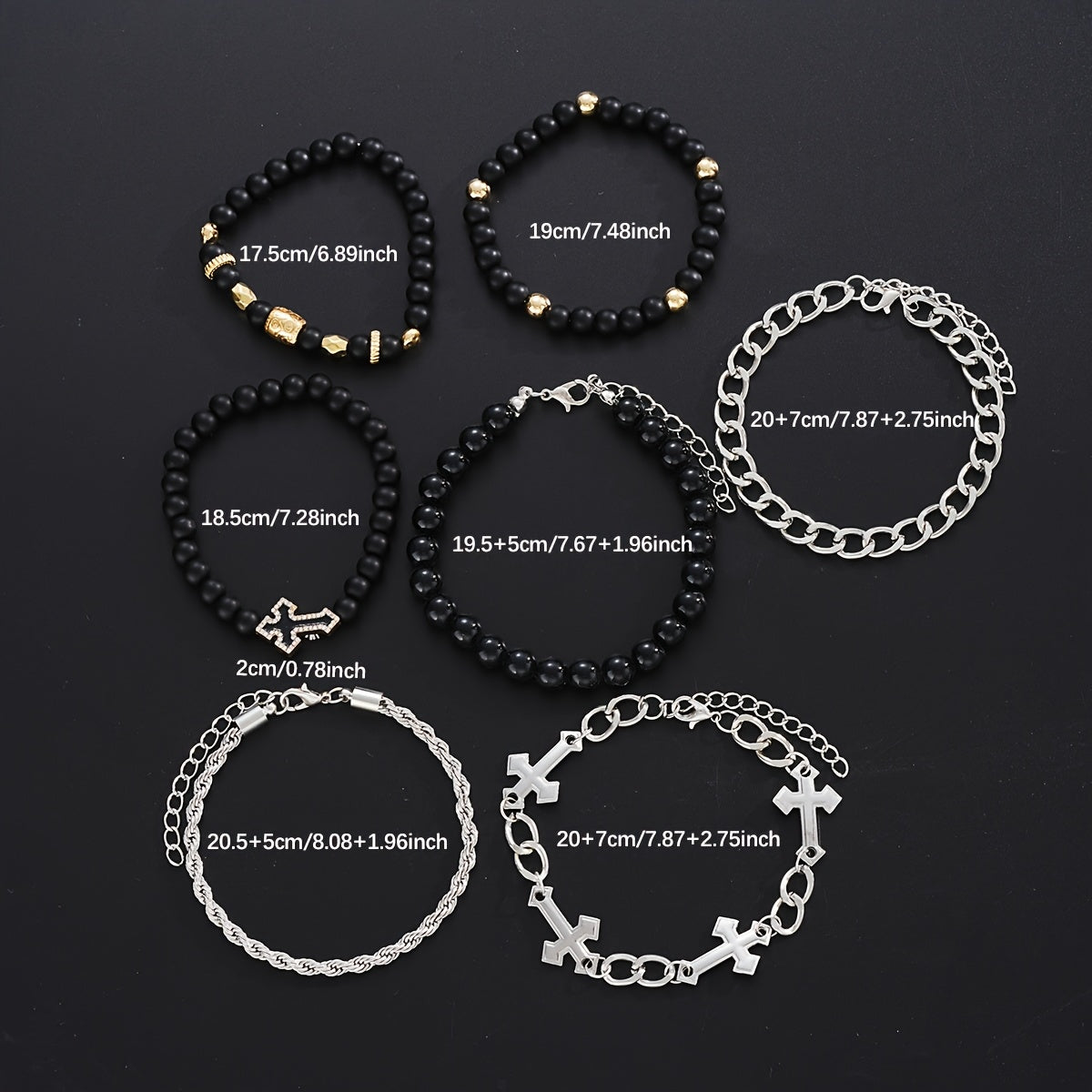 Men's Bracelet Set 7pcs - Beaded Cross Rhinestone Chain Bracelets for Men, Casual Fashion Stackable Jewelry, Daily Wear Dating Vacation, Gift for Boyfriend Father