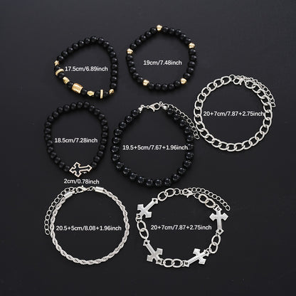 Men's Bracelet Set 7pcs - Beaded Cross Rhinestone Chain Bracelets for Men, Casual Fashion Stackable Jewelry, Daily Wear Dating Vacation, Gift for Boyfriend Father