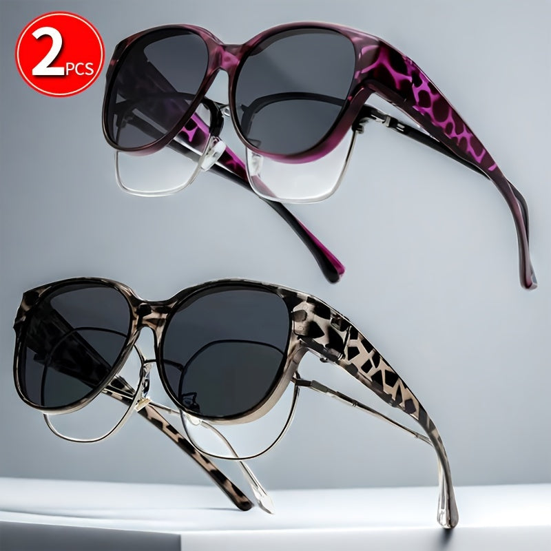 Retro Clip-On Glasses 2-Pack — Vintage Round Frames, No Tools Needed, Lightweight Leopard Pattern Eyewear for Men & Women, Party & Daily Use Gift
