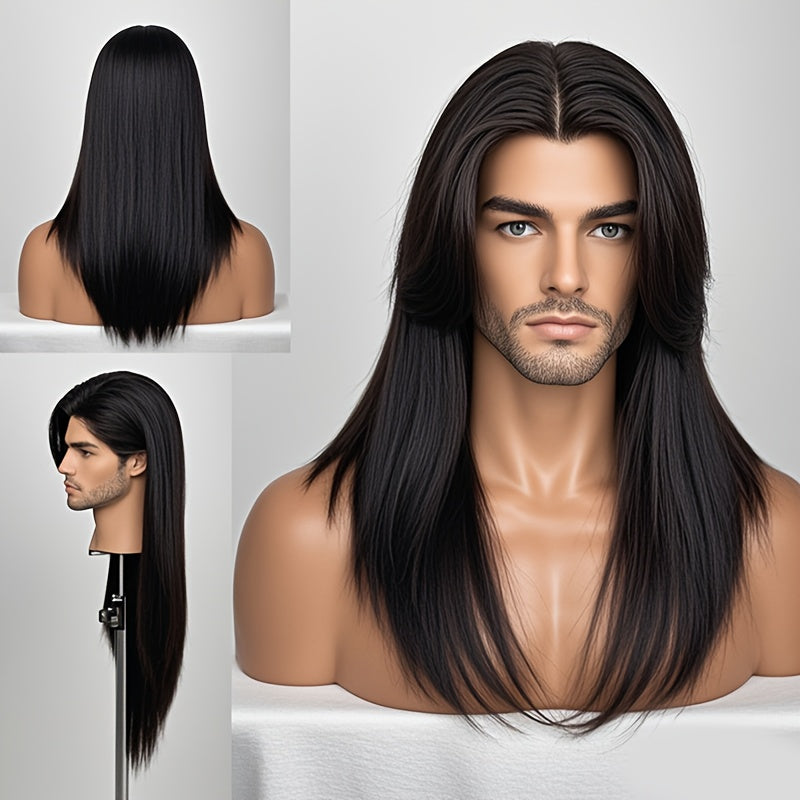 Men' Natural Looking Black Wig Suitable for Daily Use & Themed Parties - Heat Resistant Synthetic Hair Wig with Layered Straight Hair, No Glue Application for Wigs for Halloween, for Party, for Events, 28 Inch Elegant Wig