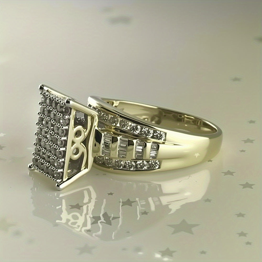 S925 Sterling Silver Women'S Wedding Ring, Luxurious Full Set Cubic Zirconia, Fashionable Square Shape, Electroplated Golden Two-tone Design, Suitable For Daily Wear/ Wedding/ Party, Comes With Gift Box, Total Weight Of The Product (7.1g)