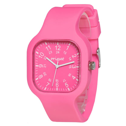 Hot Pink Nurse Watch for Women — Origset Square Analog Quartz Wristwatch, 24-Hour Dial, Sweeping Second Hand, Large Numbers, Soft Silicone Band