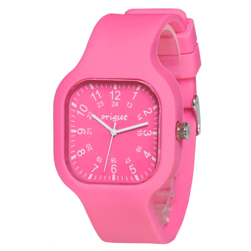 Hot Pink Nurse Watch for Women — Origset Square Analog Quartz Wristwatch, 24-Hour Dial, Sweeping Second Hand, Large Numbers, Soft Silicone Band