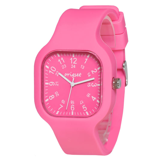 Hot Pink Nurse Watch for Women — Origset Square Analog Quartz Wristwatch, 24-Hour Dial, Sweeping Second Hand, Large Numbers, Soft Silicone Band