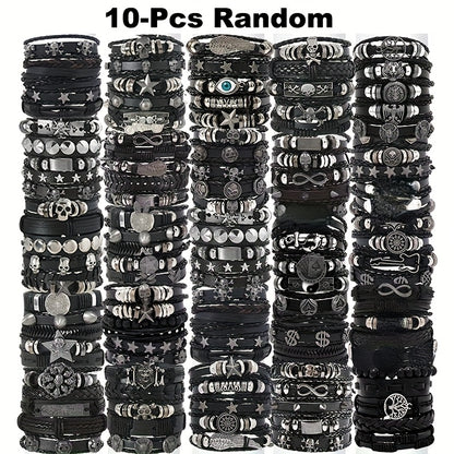 Punk Hip Hop Bracelet Set 10/20/30Pcs – Stainless Steel Multi-Layer Black Bracelets with Skull Cross Star Infinity Symbols, Vintage Stackable Jewelry Gift for Teens Halloween Graduation