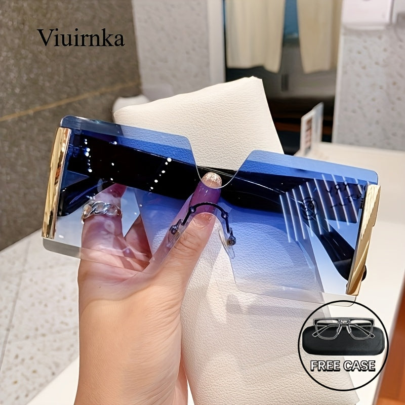 VIUIRNKA Women's Fashion Glasses, Trendy Oversized Frameless Square Frame, Retro Fashion Glasses with Case, Lightweight Unisex Design for Cool Events, Perfect for Halloween and Christmas Gifts