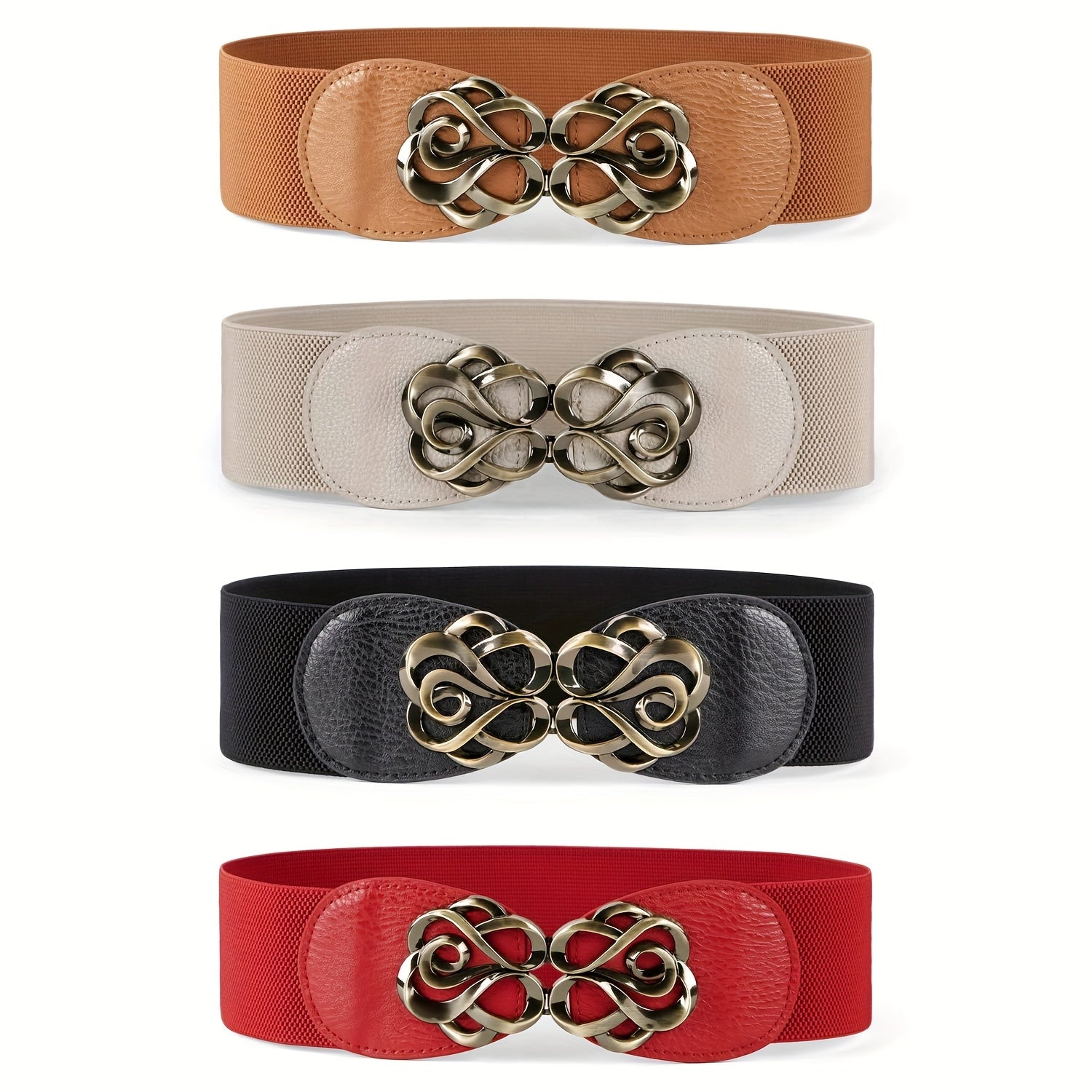 4pcs Elastic Vintage Wide Belts with Golden-Tone Leaf Buckle - Stylish Boho Dress Accessories, Black, Brown, Beige, Red - Hand Wash Only, Perfect for Christmas, Thanksgiving, Teacher's Day, Back to School, Graduation Season, Ladies Belts Suitable for teen