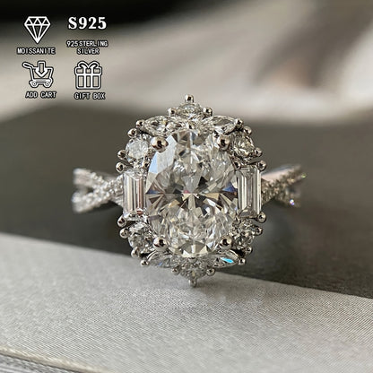 Moissanite Engagement Ring Oval 2 Carat - S925 Sterling Silver Hypoallergenic Egg-Shaped Bohemian Ring for Women, Elegant Wedding Anniversary Promise Ring Sizes 5-10