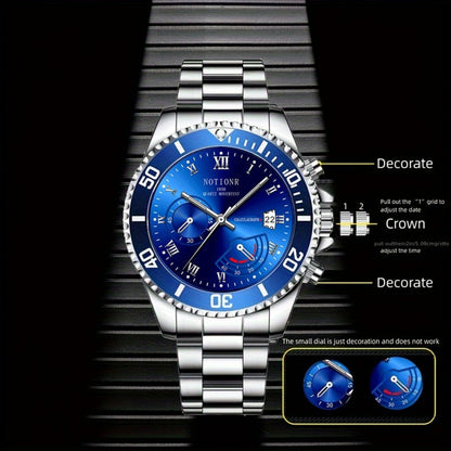 Men's Classic Business Watch | Stainless Steel Quartz Wristwatch with Date Display, Sleek Dress Watch for Men in Blue, Green, Black & White – Valentine's Day Gift