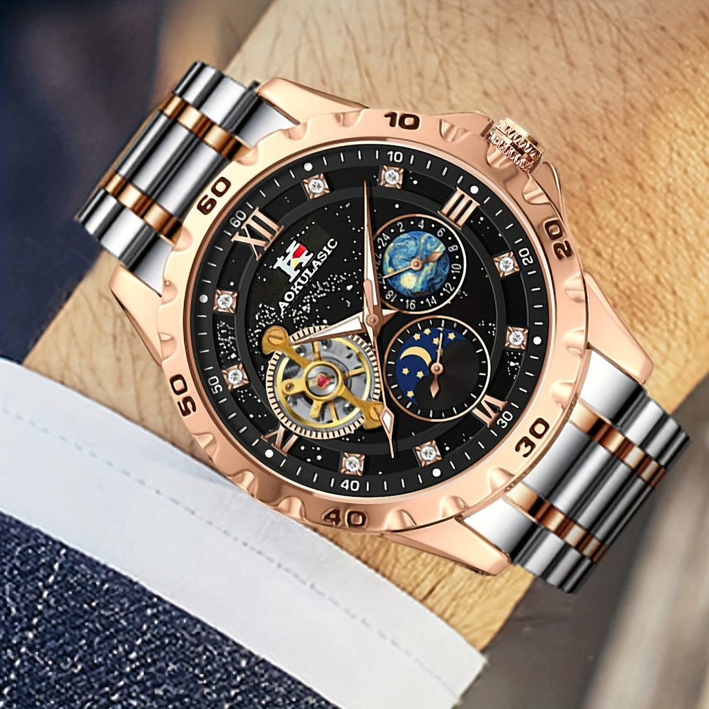 Top Brand Men Fashion Tourbillon Skeleton Automatic Mechanical Watch, Rose Golden Case Stainless Steel Strap, Iced Out Starry Sky Luminous Dial, Business Casual Mens Watches, 1pc, Gifts with Box