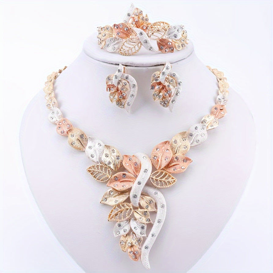 Elegant Jewelry Set: Necklace + Earrings + Bracelet + Ring, 4-in-1 Set Inlaid Rhinestones, Christmas Gifts Halloween Costume Accessories, Holiday Party Dress Up Various Formal Dinners Prom Parties Wedding Receptions Evening Gown