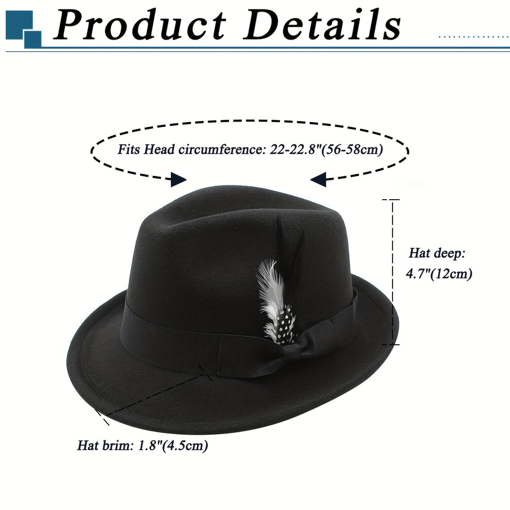 [Classic Fedora Hats] Flongo Classic Fedora Hats For Men Women Short Brim Felt Feather Hat Panama Dress Hat
