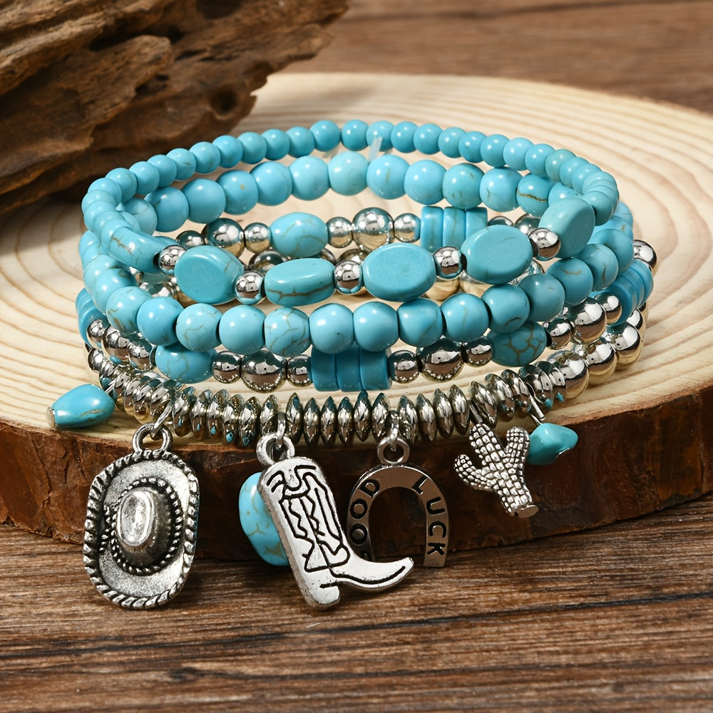 40pcs Vintage Western Styles Wooden Bead Bracelets Set for Women - Multi-Layer Assorted Colors Bracelet, Feather, Heart, Tree Charms, Summer Casual Style Daily Wear Jewelry, Ideal Holiday Gift