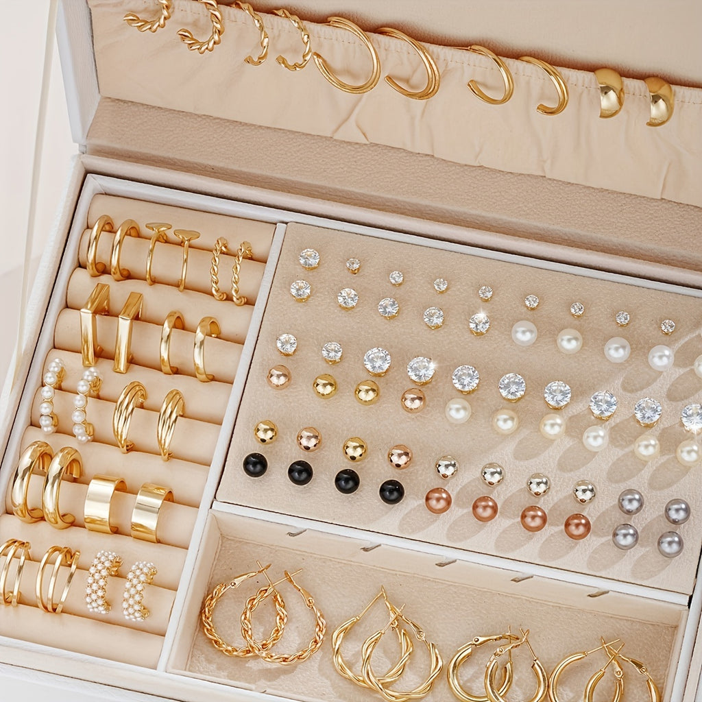 108pcs/Set Simple Imitation Pearl, Rhinestone & Metallic Geometric Design Stud Earrings, Hoop Earrings for Women, Vacation, Date, Daily Wear (Without Box)