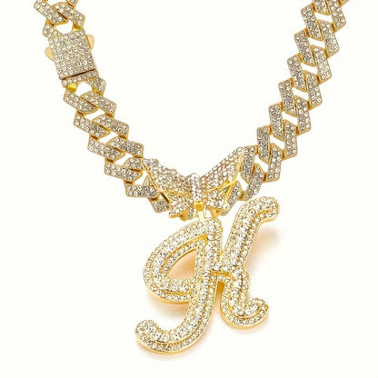 Cuban Link Chain Necklace - Initial Letter for Men Women - with Butterfly Alphabet Pendant A-Z, Gold & - product detail view