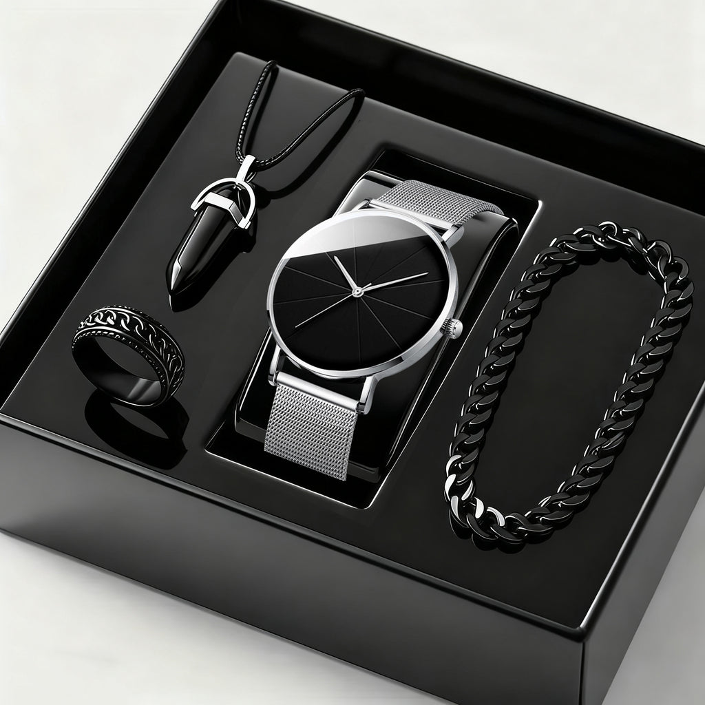 4pcs/ Set Men's Elegant Quartz Watch & Bracelet Set | Stainless Steel | Casual Watch | Business Watch | Bracelet for Men | Men Necklace(The Box Does Not Include)