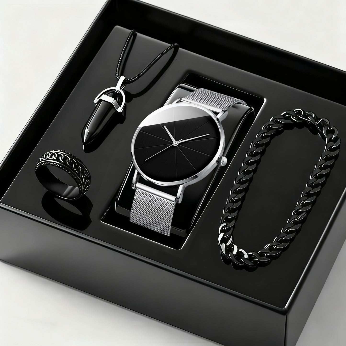 Men's Watch & Bracelet Set 4pcs - Stainless Steel Quartz Watch, Bracelet & Necklace Bundle, Elegant Business Casual Jewelry Gift Set for Men