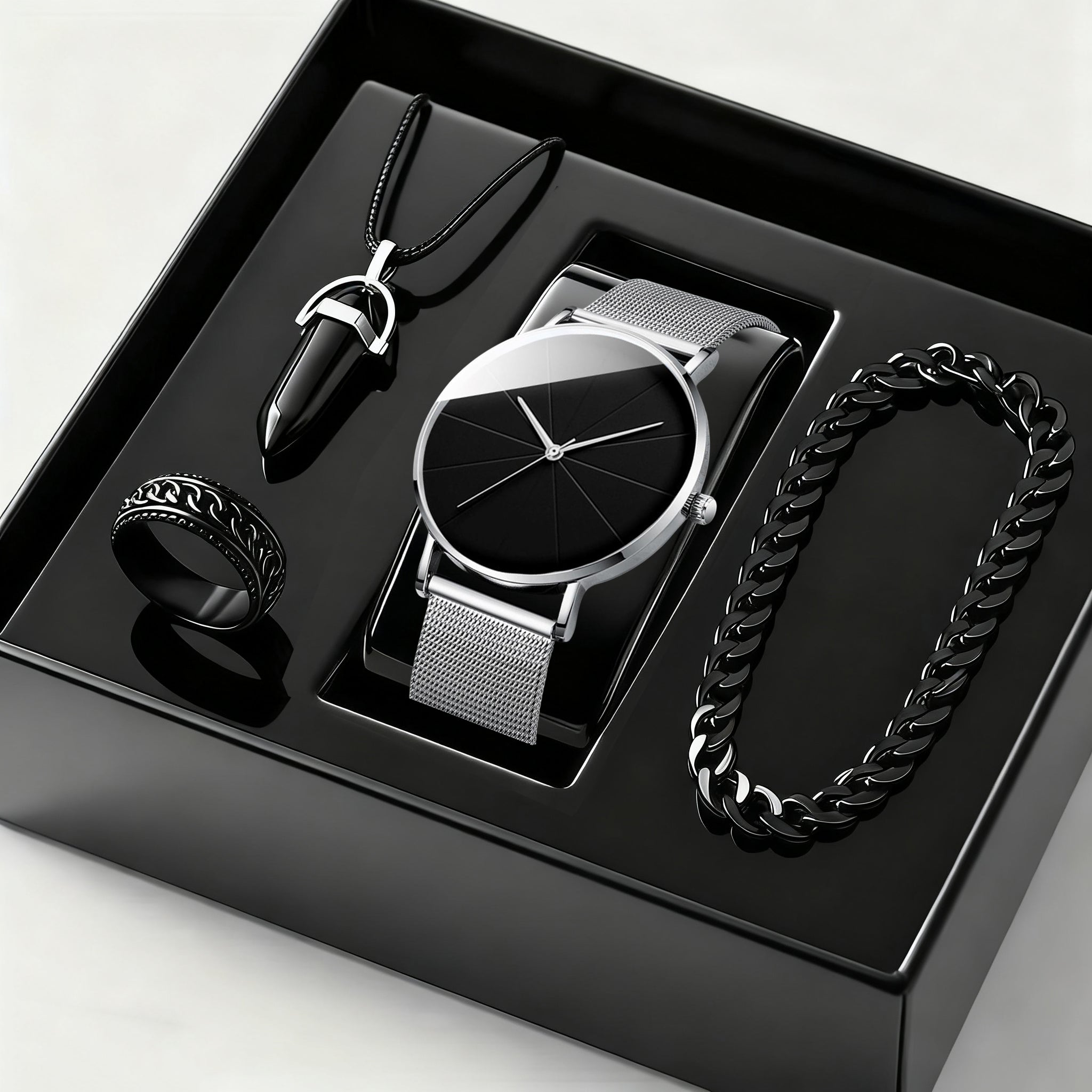 4pcs/ Set Men's Elegant Quartz Watch & Bracelet Set | Stainless Steel | Casual Watch | Business Watch | Bracelet for Men | Men Necklace(The Box Does Not Include)