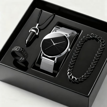 Men's Watch & Bracelet Set 4pcs - Stainless Steel Quartz Watch, Bracelet & Necklace Bundle, Elegant Business Casual Jewelry Gift Set for Men