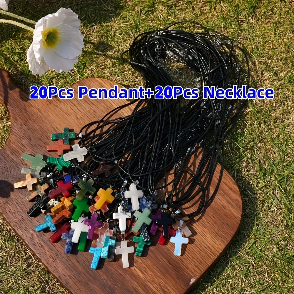40pcs hybrid natural stone cross pendant- 20pcs stylish cross pendant with 20pcs adjustable black imitation leather necklace, quartz imitation gem jewel for DIY necklaces, bracelets and earrings, for Teenager