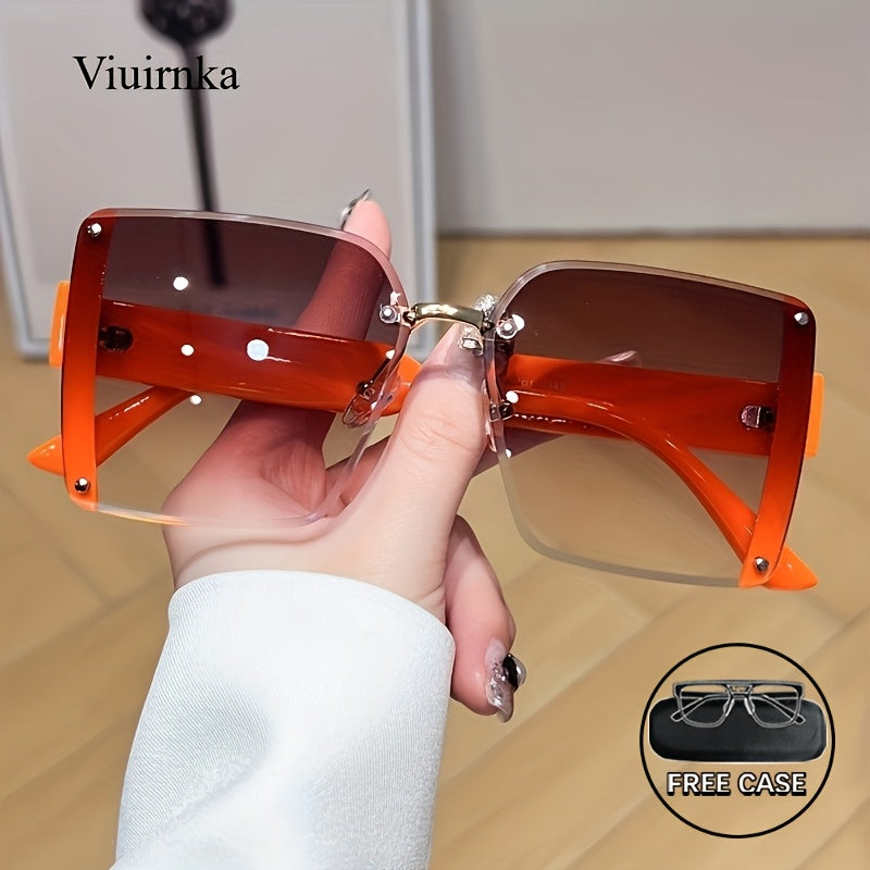 Luxury Square Frameless Y2K Fashion Glasses, Gradient UV400pcs Lenses with Lightweight Frame, Unisex Fashion for Beach/Vacation/Travel, Includes Protection Case, Novelty Holiday Accessory