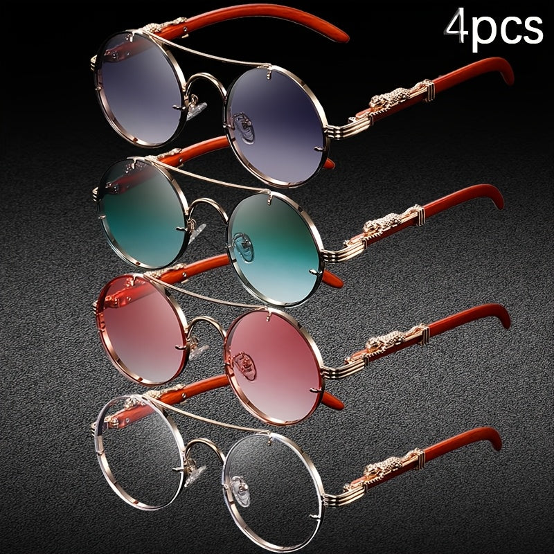 4pcs Punk Rock Metal Round Glasses with Leopard Print Hinges And Fashionable Tortoiseshell Accents - Retro Round Frame, PC Lenses, Perfect for Birthdays, Photography Props And Casual Wear, Punk Additions