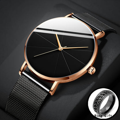 Minimalist Large Dial Watch for Men & Women - Rose Gold Case Mesh Strap Japanese Quartz Movement, Elegant Analog Zinc Alloy Unisex Dress Watch in Black Rose Gold