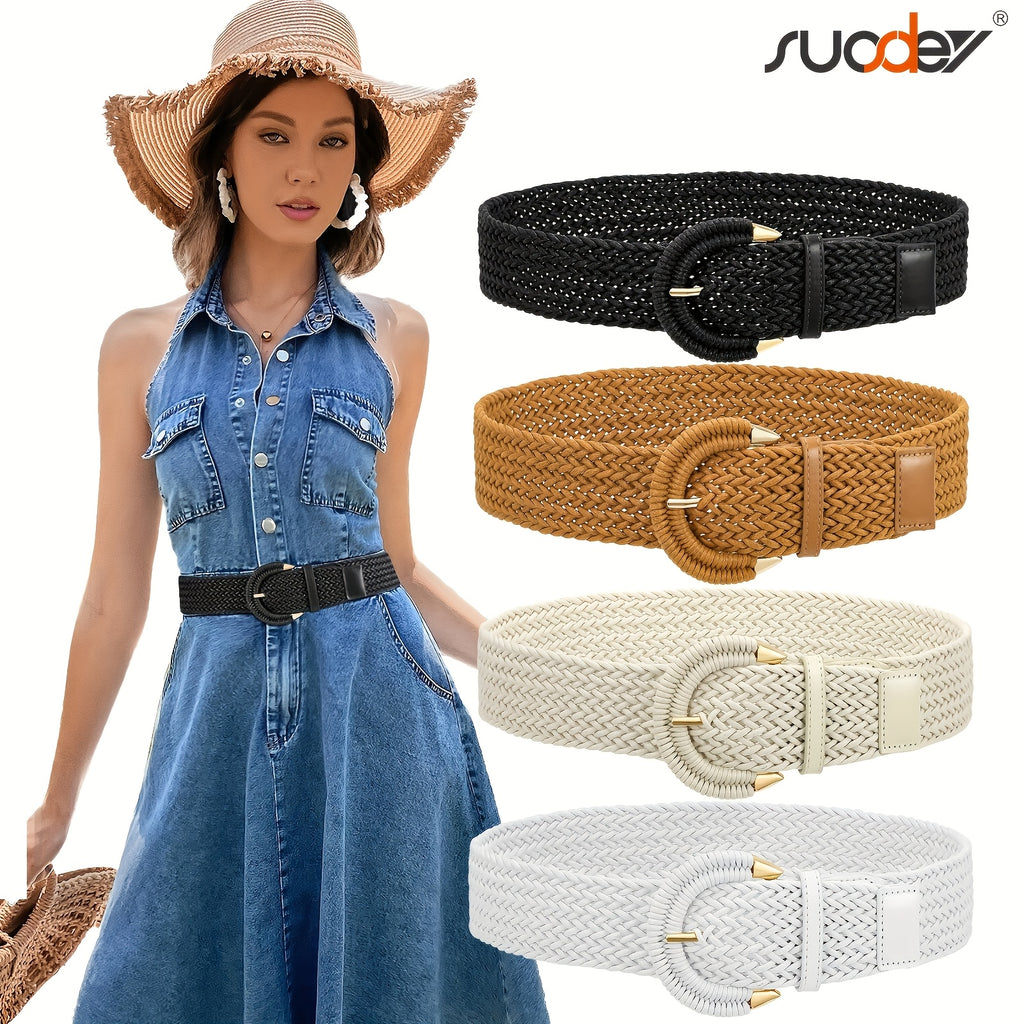 Women'S Braided Rattan Wide Belt Waist Belt with Half-Circle Buckle for Summer Dress Jeans Pants