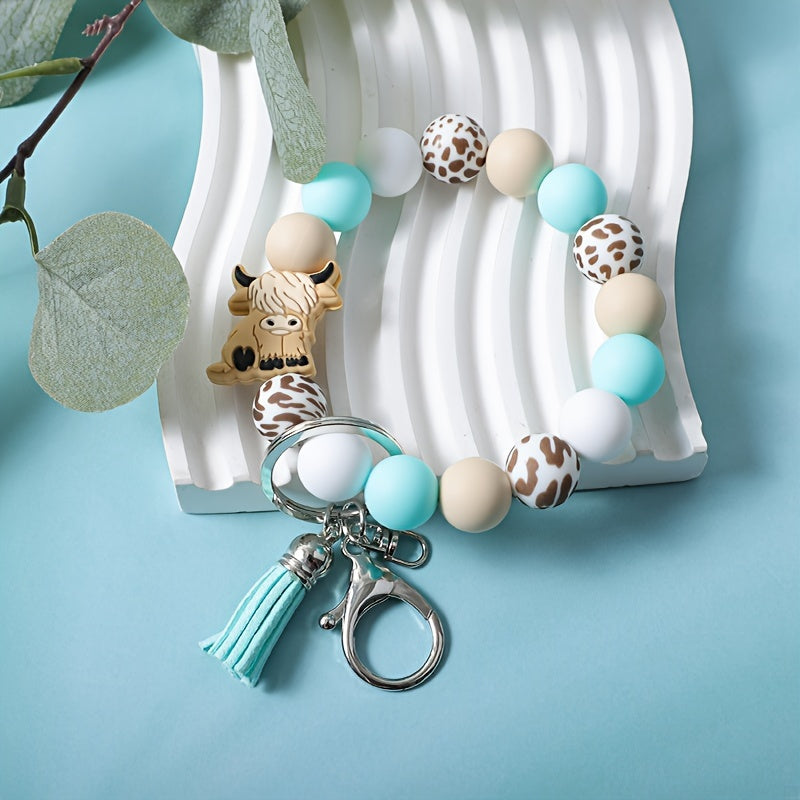 2pcs/set Vintage Cartoon Mint Green Yak Keychain Pendant Western Cowboy Style Handmade Beaded Keychain Bag Clasp Fringed Wrist Key Ring Accessory Perfect Gift for Friends