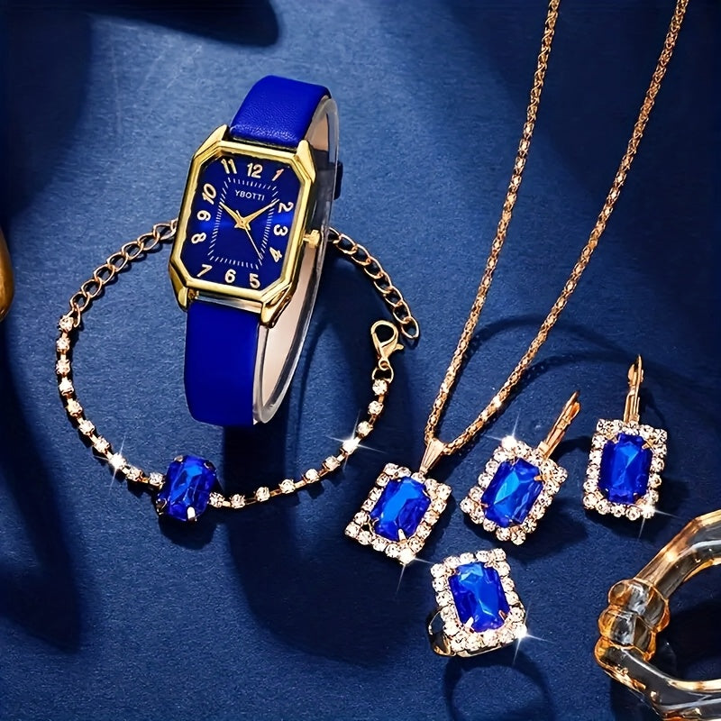 6pcs Women's Elegant PU Leather Quartz Watch & Jewelry Set with Matching Bracelet, Ring, Earrings, Necklace - Elegant Wristwatch Gift Suitable for Weddings,, Birthdays - Complete Accessory
