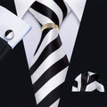 VERVEROW 1set Black White Stripped Mens Classic Tie Necktie Pocket Square Cufflinks Golden Ring Set