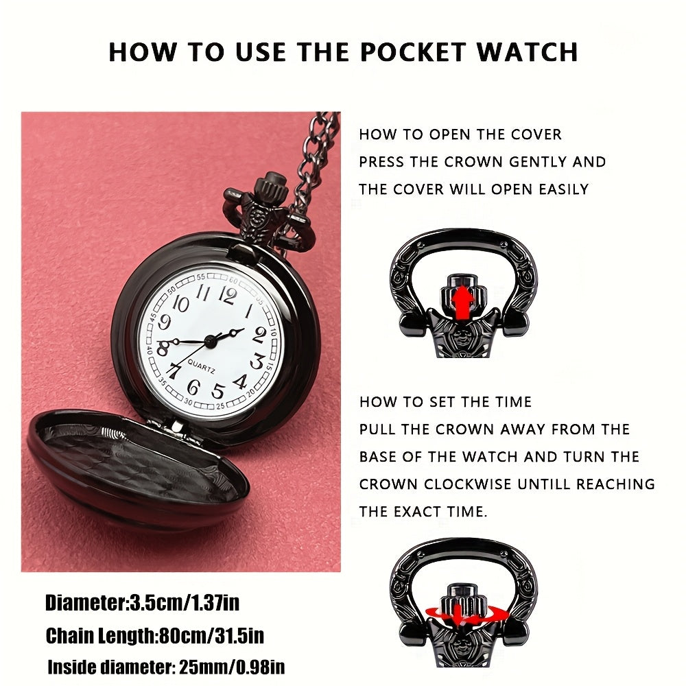 Dragon Pocket Watch Necklace for Men - Black Vintage Quartz Pocket Watch on Chain, Gothic Steampunk Alloy Case, Antique Style Pendant Watch Gift for Men & Boys