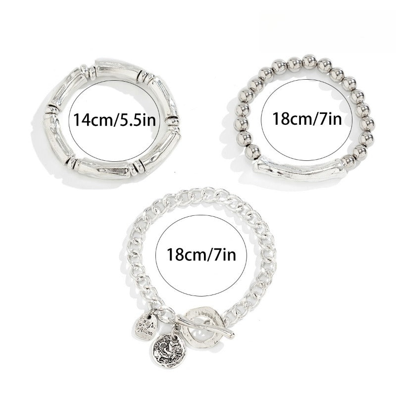 [For Any Occasion] 3pcs 925 Silver Bracelets for Women Chunky Bangles Set Silvery Stacked Bracelets for Any Occasion Hip Hop Bracelet