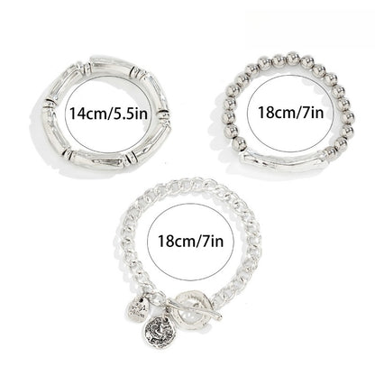 Chunky Bangle Bracelets Set 3pcs S925 Sterling Silver for Women - Stackable Hip Hop Bangles, Bold Statement Wrist Jewelry for Any Occasion, Silvery Stacked Bracelet Gift