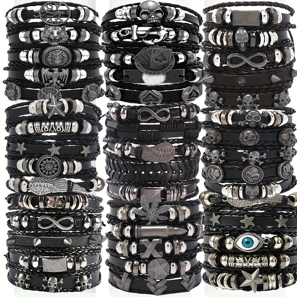 Random10/20/30pcs Punk Hip Hop Style Multi-layer Bracelet Set - Stainless Steel Skull, Cross & Star Elements, Vintage Black with Infinity Symbol, Chic Metal Dots Design, Creative Gift for Teens On Halloween, Thanksgiving, Father's Day & Graduation