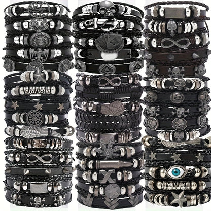 Punk Hip Hop Bracelet Set 10/20/30Pcs – Stainless Steel Multi-Layer Black Bracelets with Skull Cross Star Infinity Symbols, Vintage Stackable Jewelry Gift for Teens Halloween Graduation