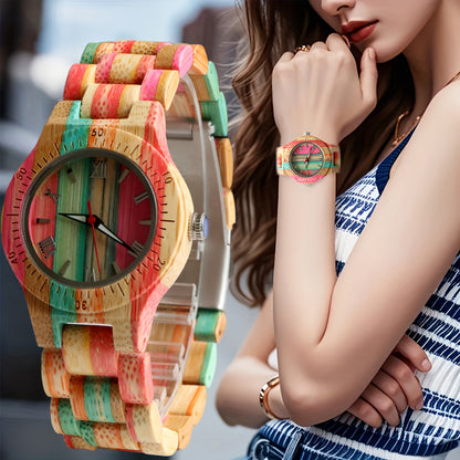 Bamboo Wood Women's Quartz Watch — Multicolor Natural Wooden Bracelet Wristwatch, Eco-Friendly Casual Style, Unique Gift for Women & Ladies