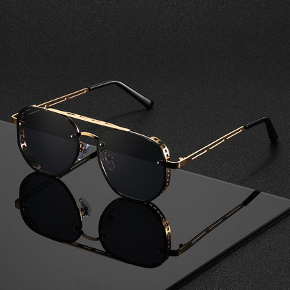 Retro Punk Sunglasses Oversized Round - Hollow Gold Metal Frame Gradient Lens for Men Women, Adjustable Nose Pads Fashion Eyewear for Driving Street Photography, Bold Statement Glasses All Season