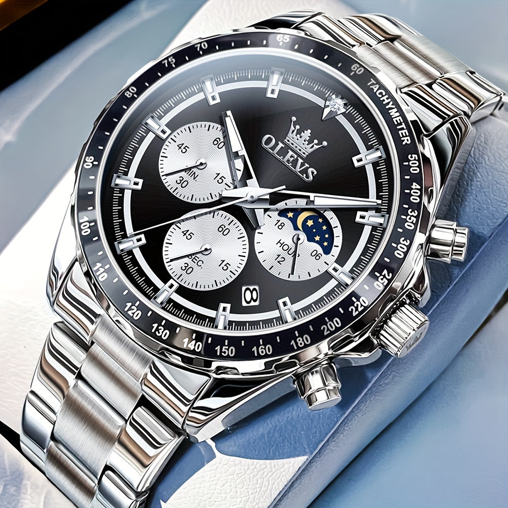 OLEVS Men's Luxury Watch Luminous Easy Read Chronograph Watches Moon Phase Quartz Male Watch Wrist Watch Big Face with Calendar Wristwatch Relojes De Hombre