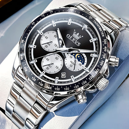 Men's Moon Phase Chronograph Watch | Big Face Luminous Quartz Wristwatch with Calendar & Stopwatch, Luxury Sport Dress Watch in Black, Green, Blue & White