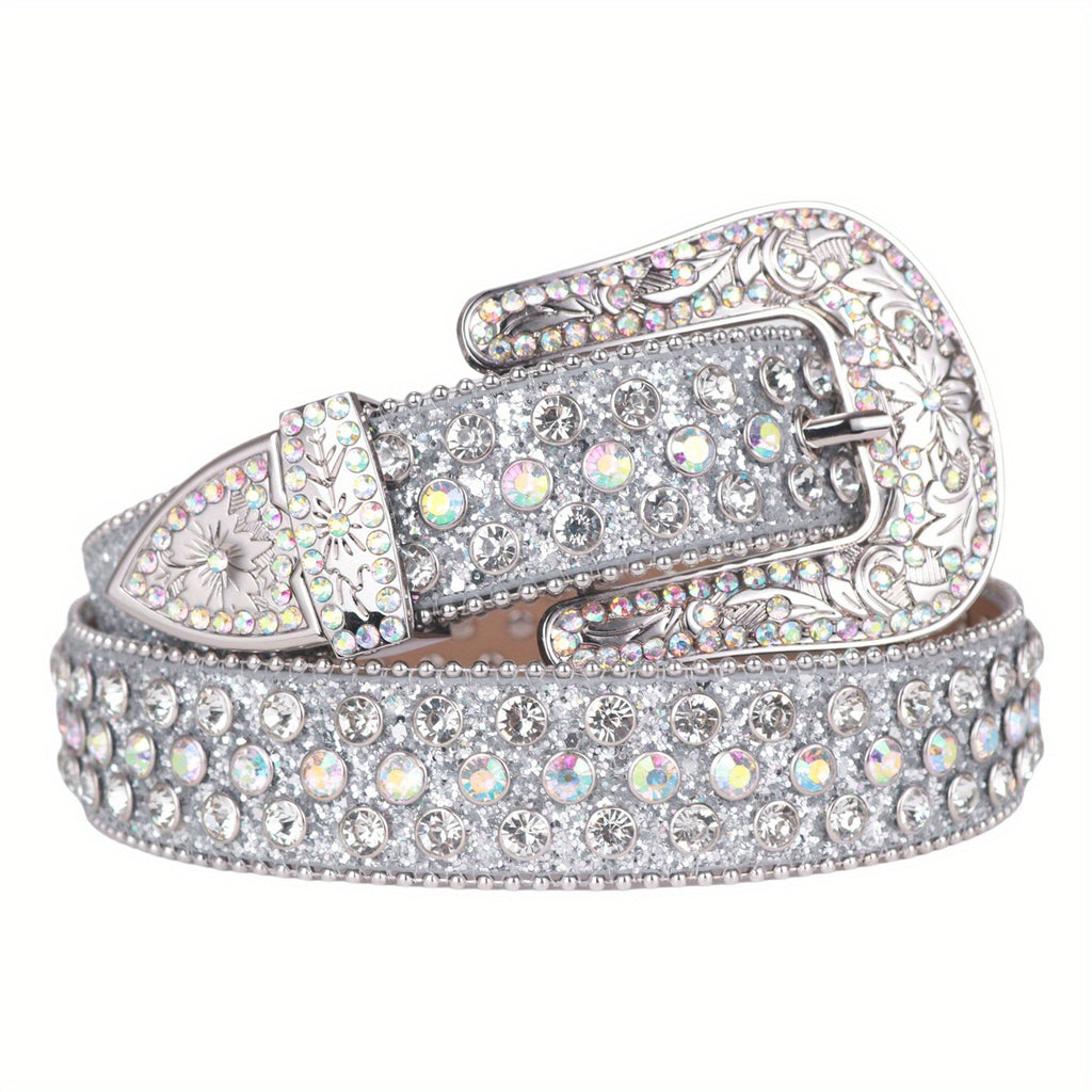 Silvery Sparkle Rhinestone Belts Women'S Luxury Bling Bling Carved Buckle Belt Punk Cowgirl Cowboy Crystal Studded Belts for Jeans