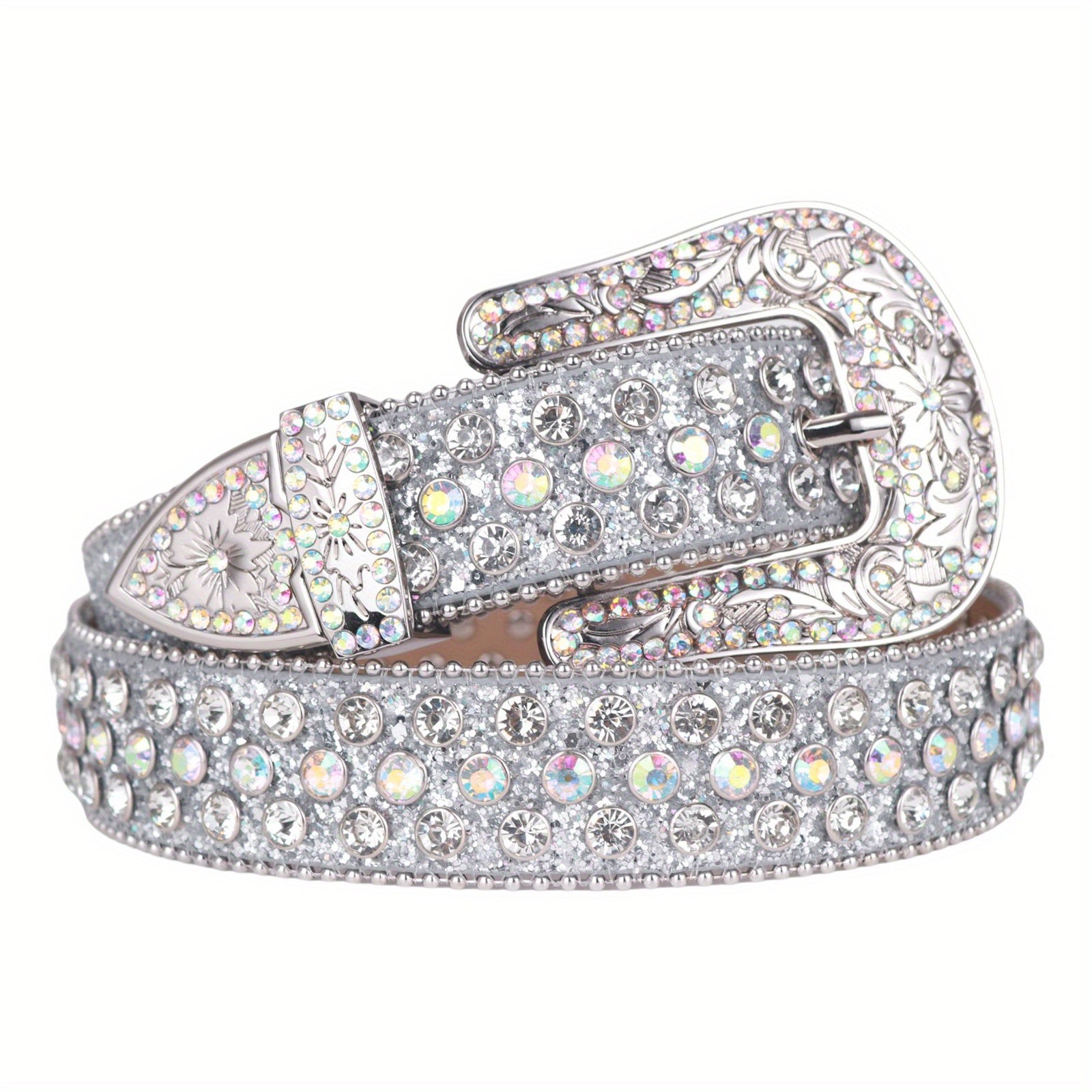 Silvery Sparkle Rhinestone Belts Women'S Luxury Bling Bling Carved Buckle Belt Punk Cowgirl Cowboy Crystal Studded Belts for Jeans